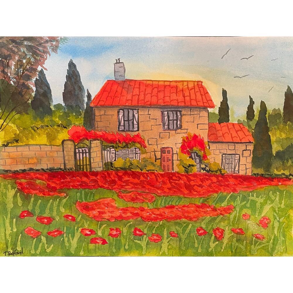 Hand painted watercolor original painting cottage poppies